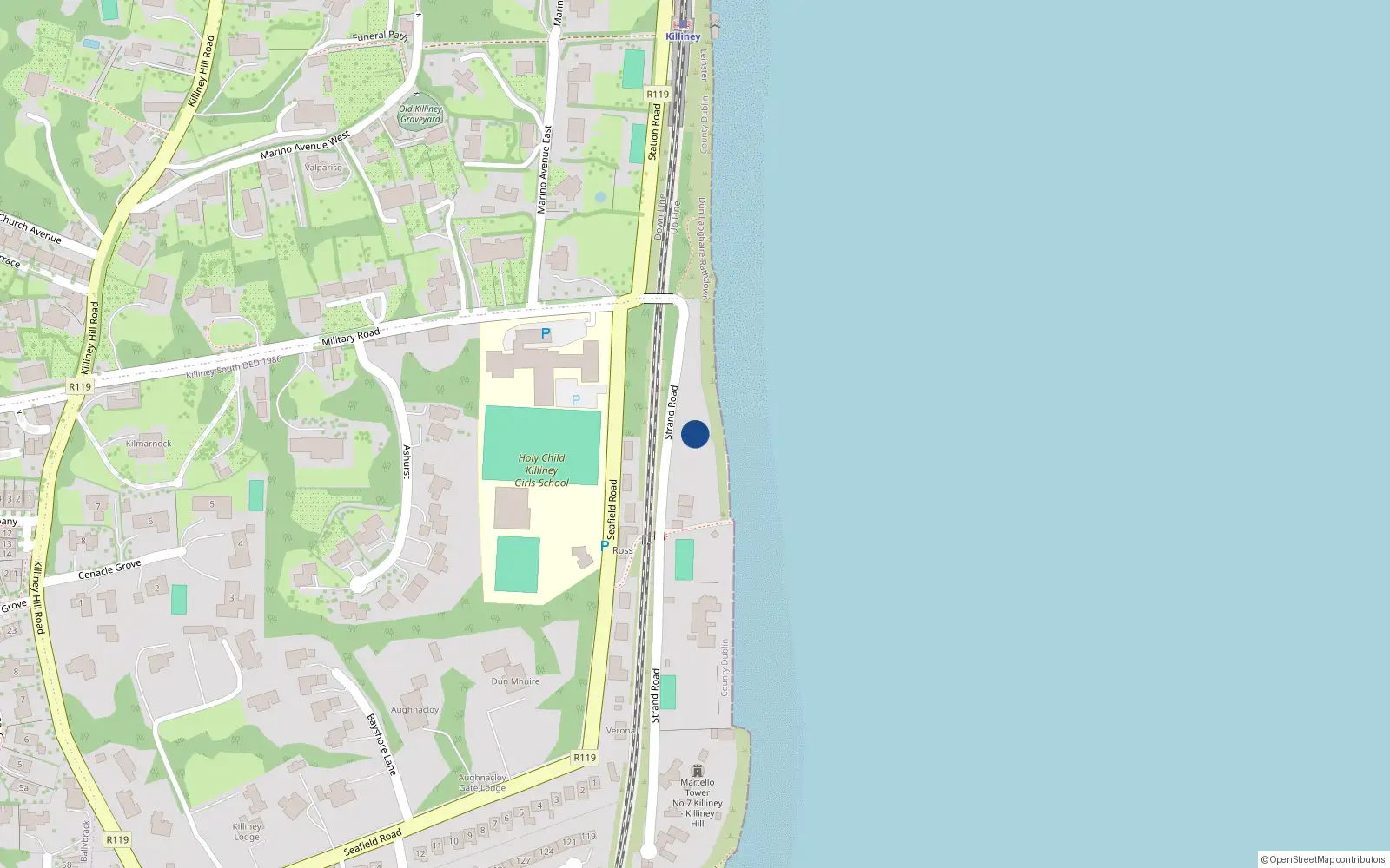 Overhead map showing the location of Strand Road, Killiney