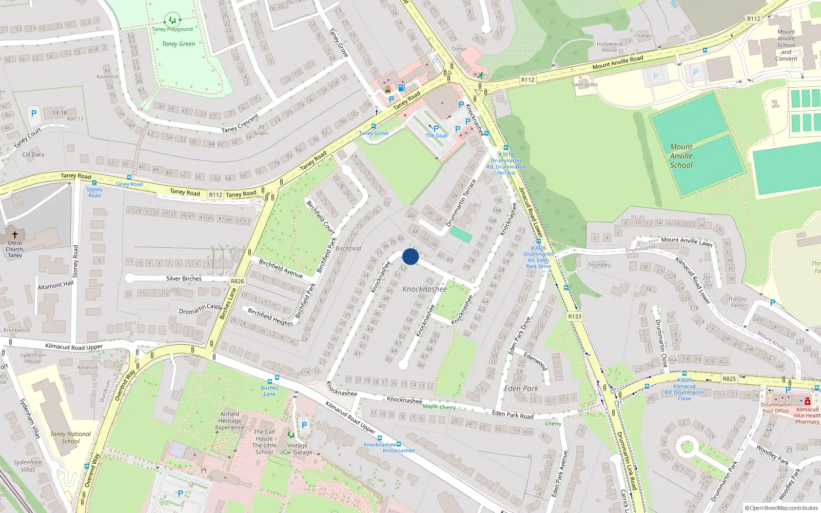 Overhead map showing the location of Knocknashee, Goatstown