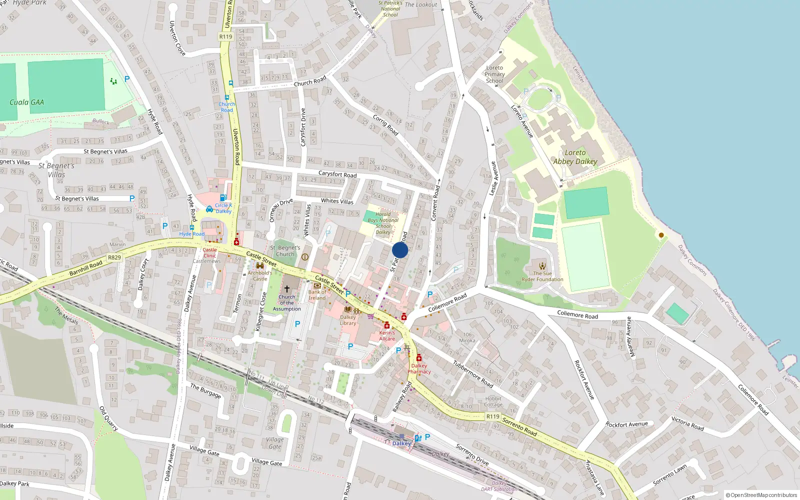 Overhead map showing the location of Saint Patrick's Road, Dalkey
