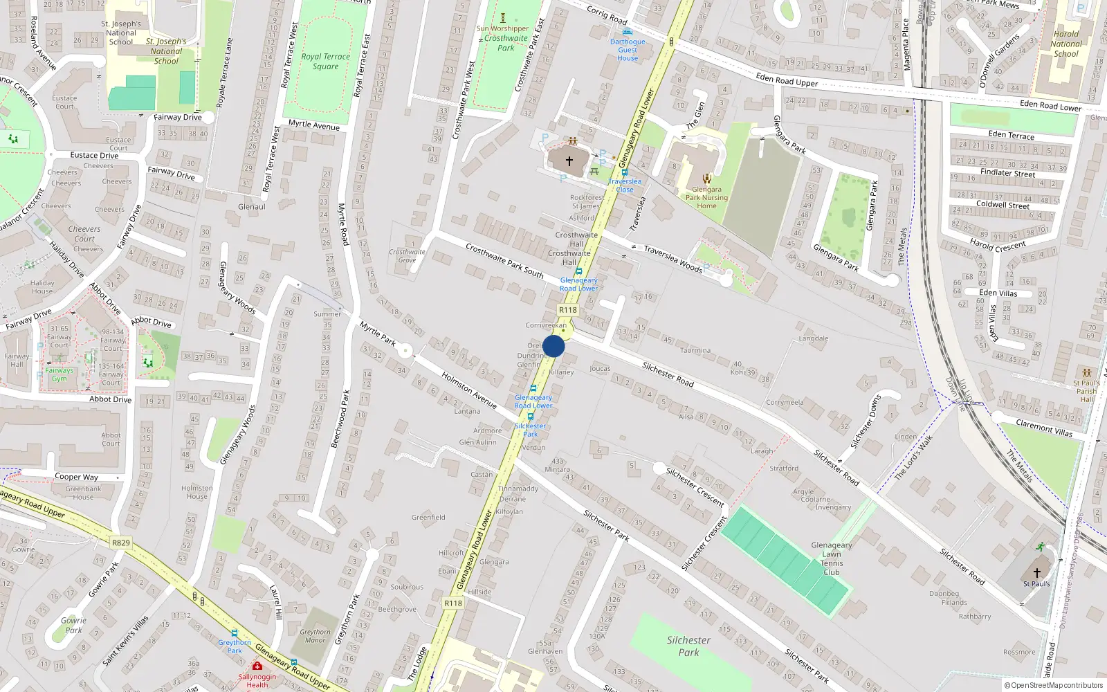 Overhead map showing the location of Glenageary Road Lower, Glenageary