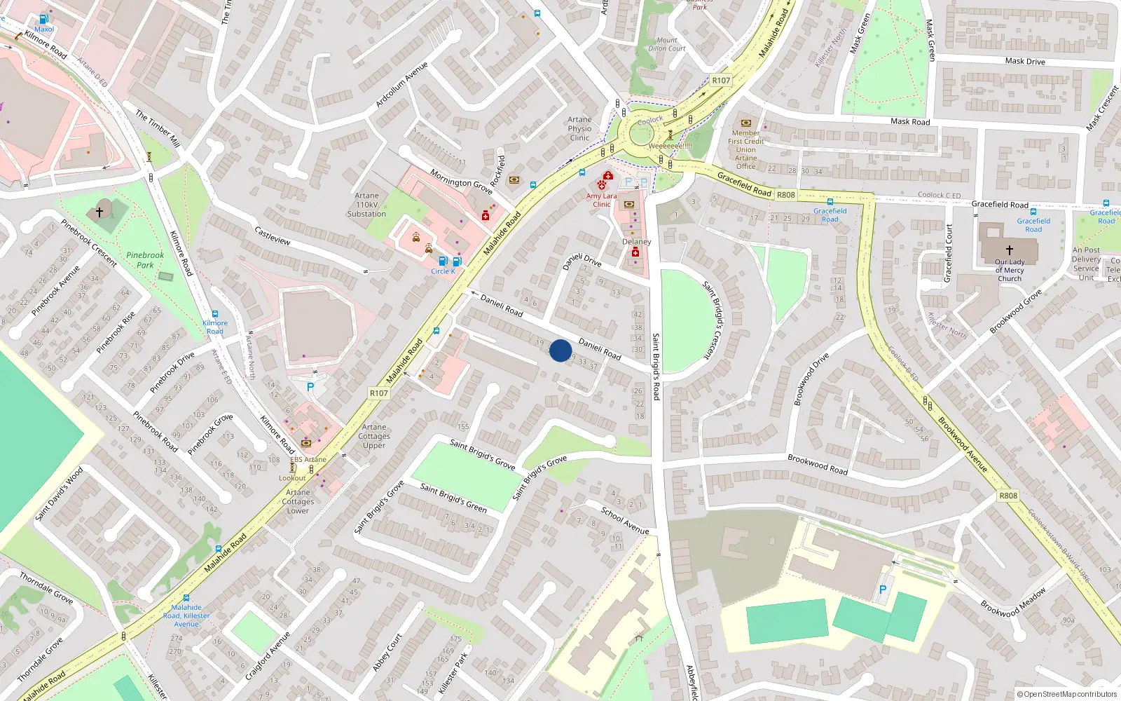 Overhead map showing the location of 25 Danieli Road, Dublin 5