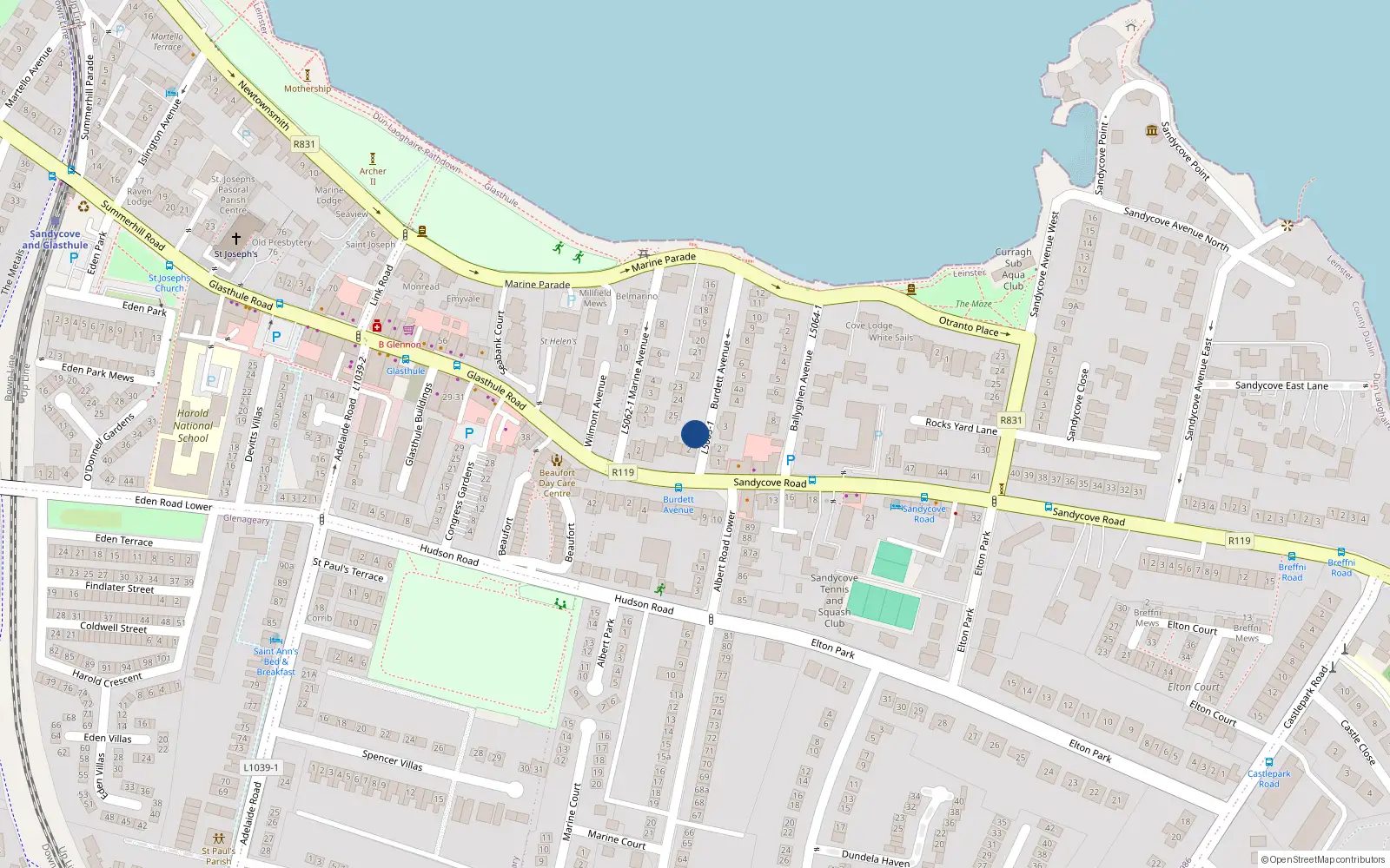 Overhead map showing the location of Burdett Avenue, Sandycove