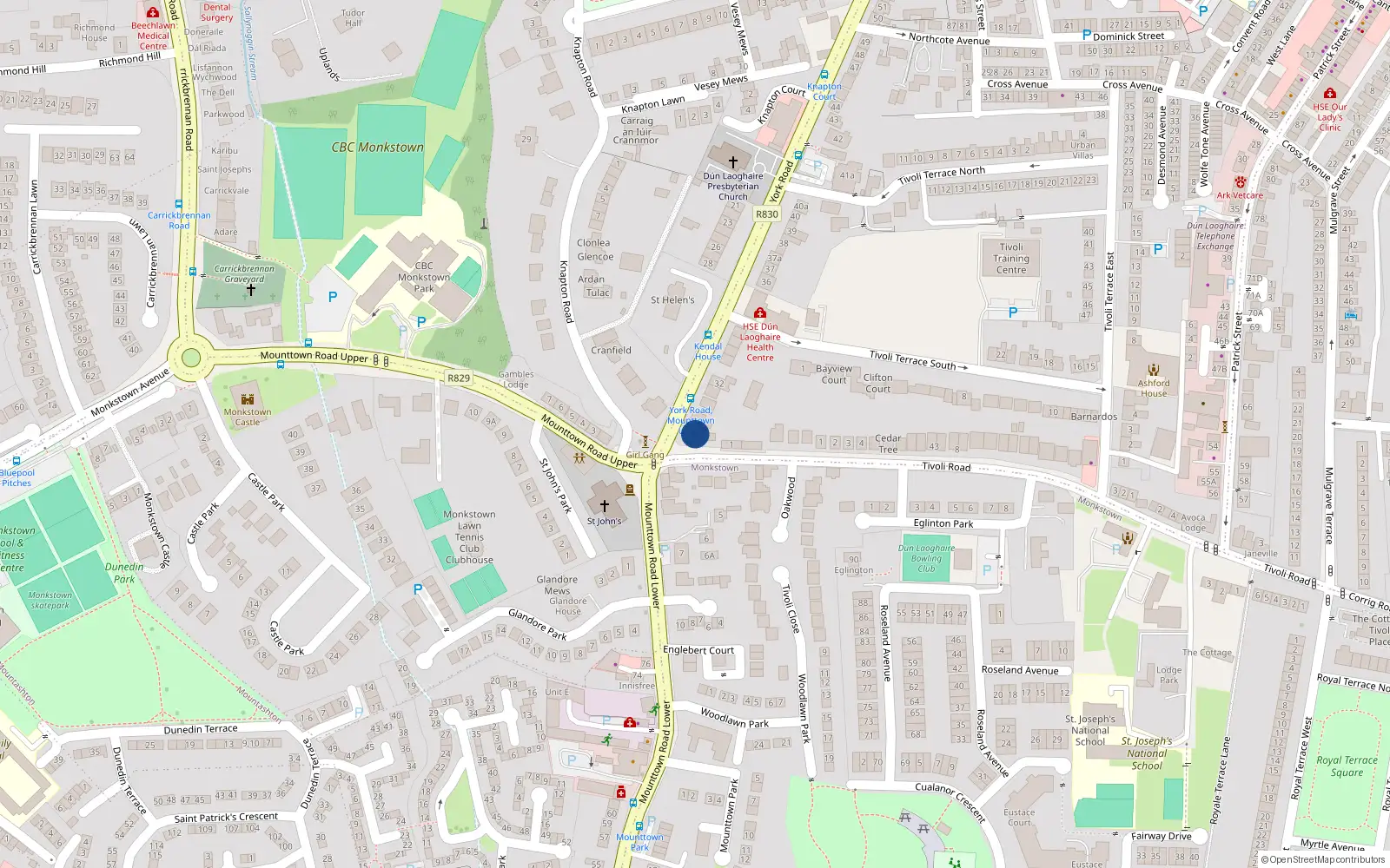 Overhead map showing the location of Tivoli Road, Dun Laoghaire