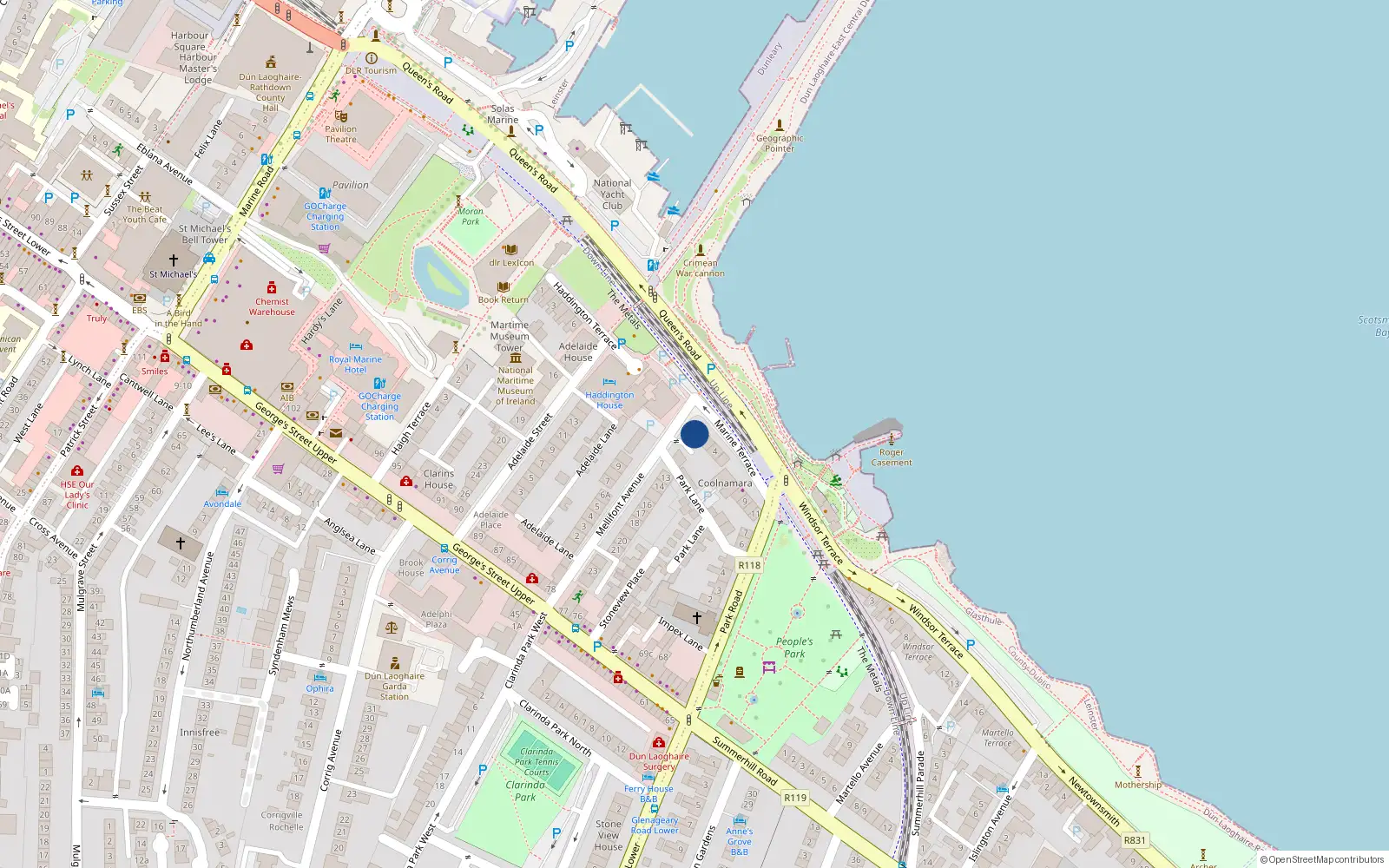 Overhead map showing the location of 1 Marine Terrace, Dun Laoghaire