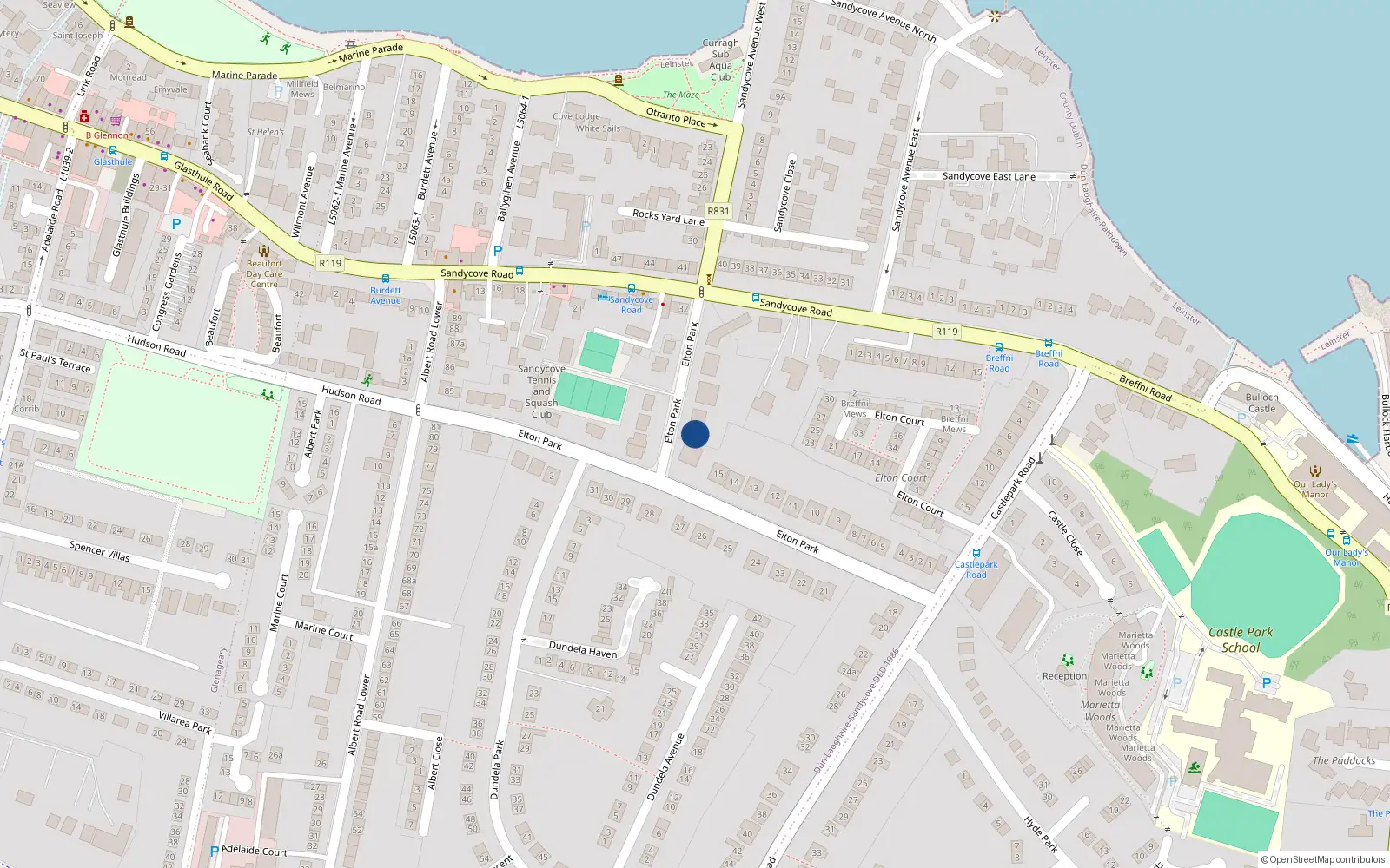 Overhead map showing the location of Torca, 40A Elton Park, Sandycove