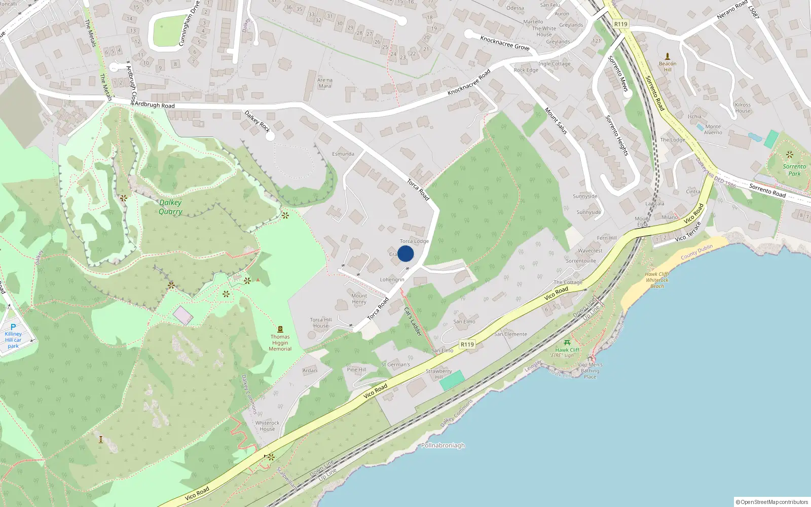 Overhead map showing the location of Torca Road, Dalkey