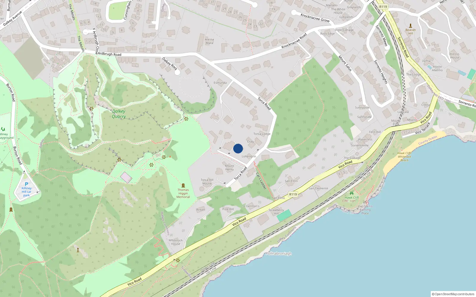 Overhead map showing the location of Torca Road, Dalkey