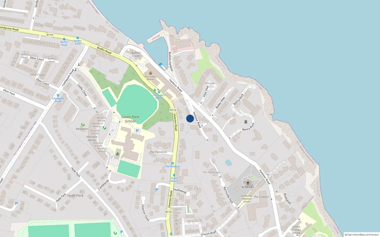 Overhead map showing the location of Bullock, Dublin, Co. Dublin