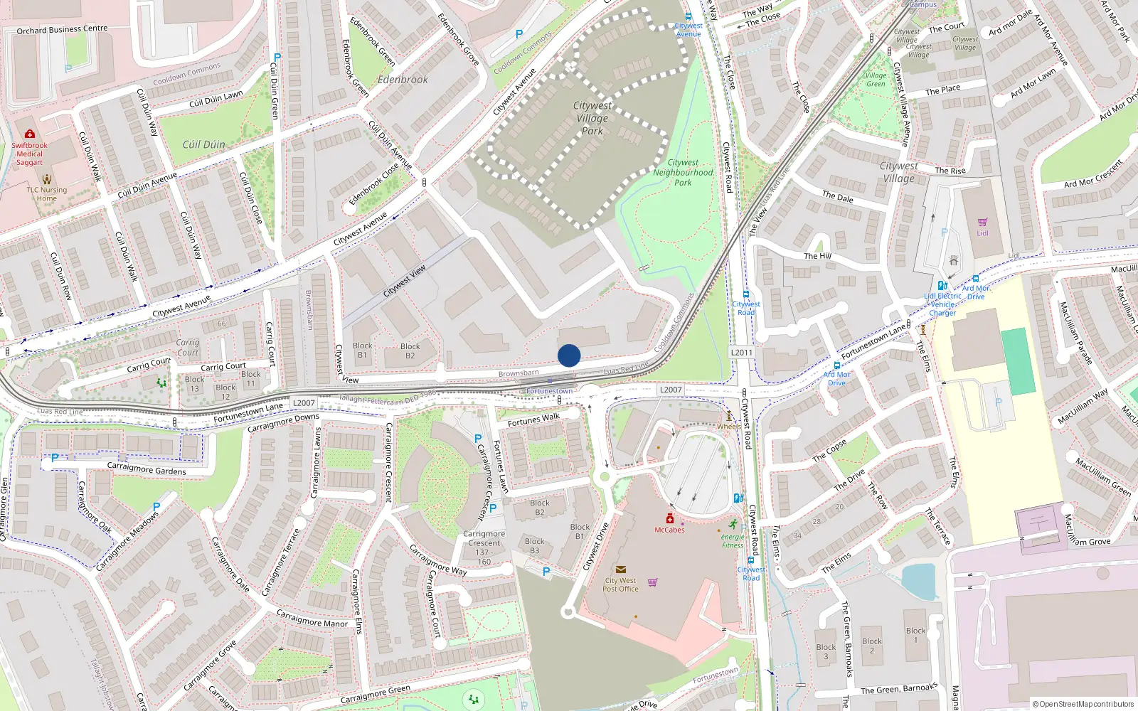 Overhead map showing the location of Tramway Lane (block E1), Citywest Avenue, Fortunestown