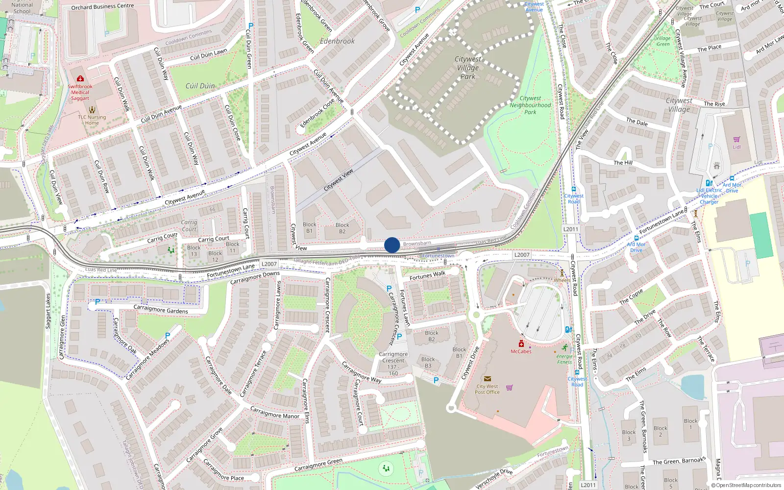 Overhead map showing the location of Tramway Park (block E2), Citywest View, Fortunestown