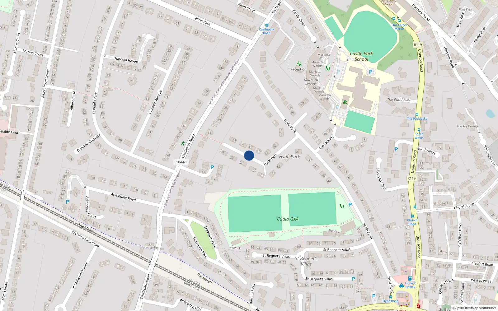 Overhead map showing the location of Hyde Park, Dalkey