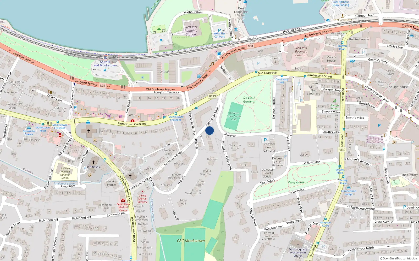 Overhead map showing the location of 1 Pakenham Road, Monkstown