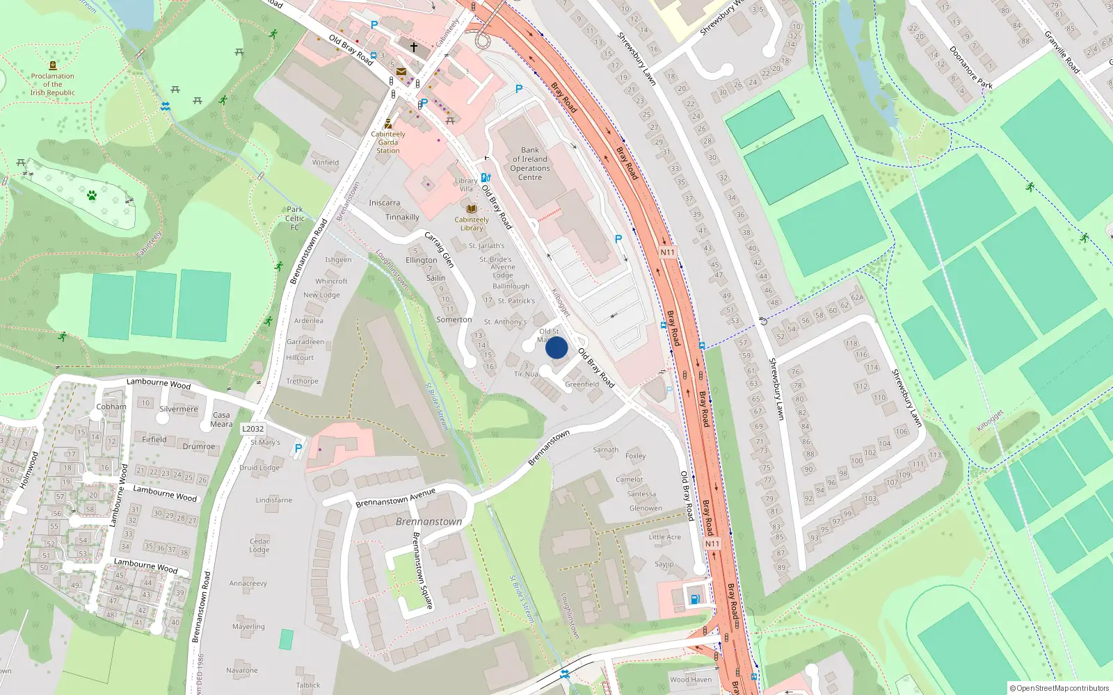 Overhead map showing the location of Bray Road, Cabinteely