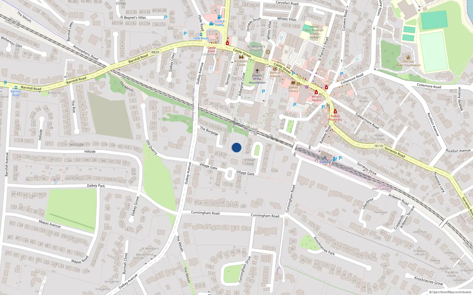 Overhead map showing the location of Castle Street, Dalkey