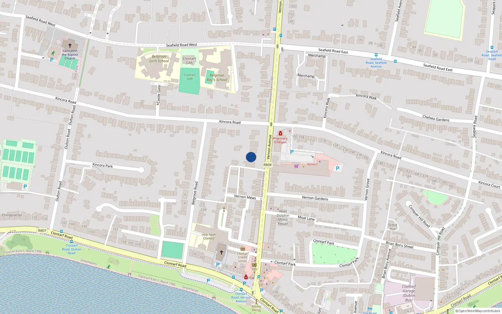 Overhead map showing the location of 52 Vernon Avenue, Clontarf