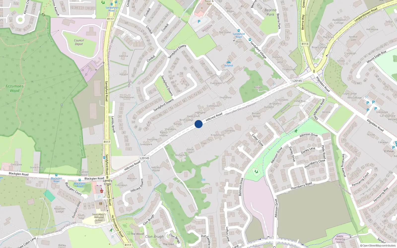 Overhead map showing the location of Hillcrest Road, Sandyford