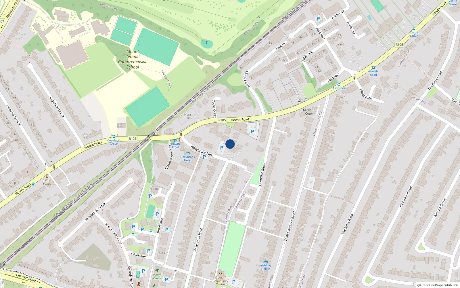 Overhead map showing the location of 14 Hollybrook Park, Dublin 3