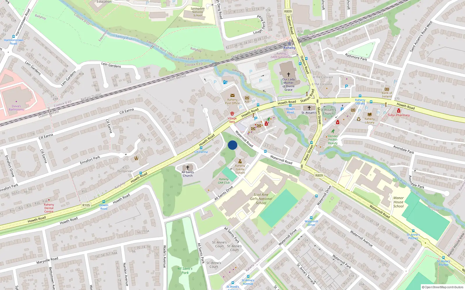 Overhead map showing the location of Twin Oaks, Watermill Road, Raheny, Dublin 5, D05 E0c0