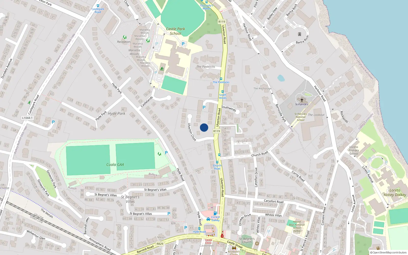 Overhead map showing the location of Ulverton Road, Dalkey