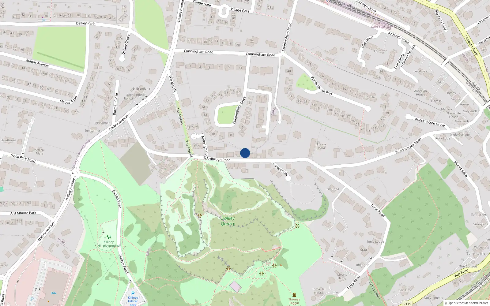 Overhead map showing the location of Ardbrugh Road, Dalkey