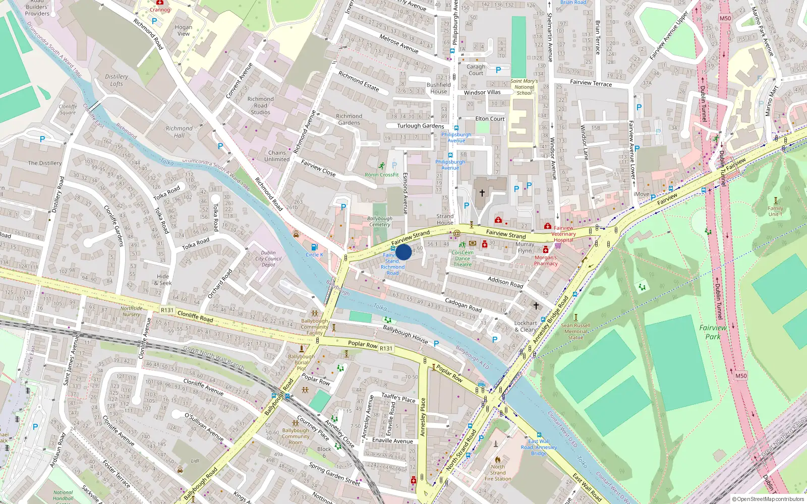 Overhead map showing the location of Unit 1, 68 Fairview Strand, Fairview Dublin 3