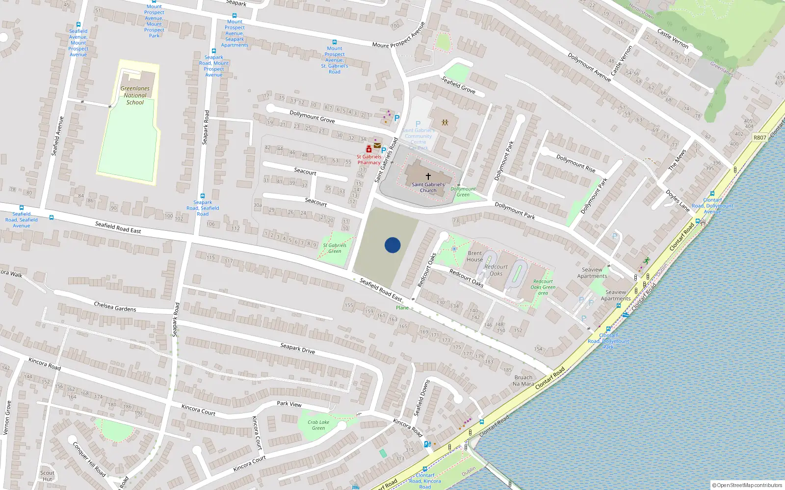 Overhead map showing the location of Unit 18 Block D, Redcourt, Seafield Road East, Dublin 3