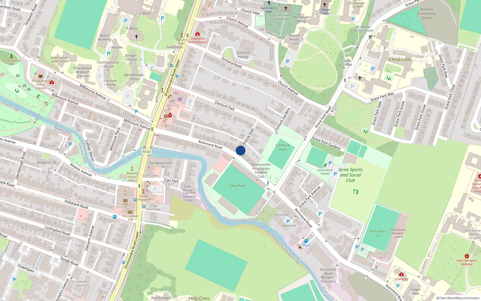 Overhead map showing the location of Unit 2, 57 Richmond Road, Dublin 3
