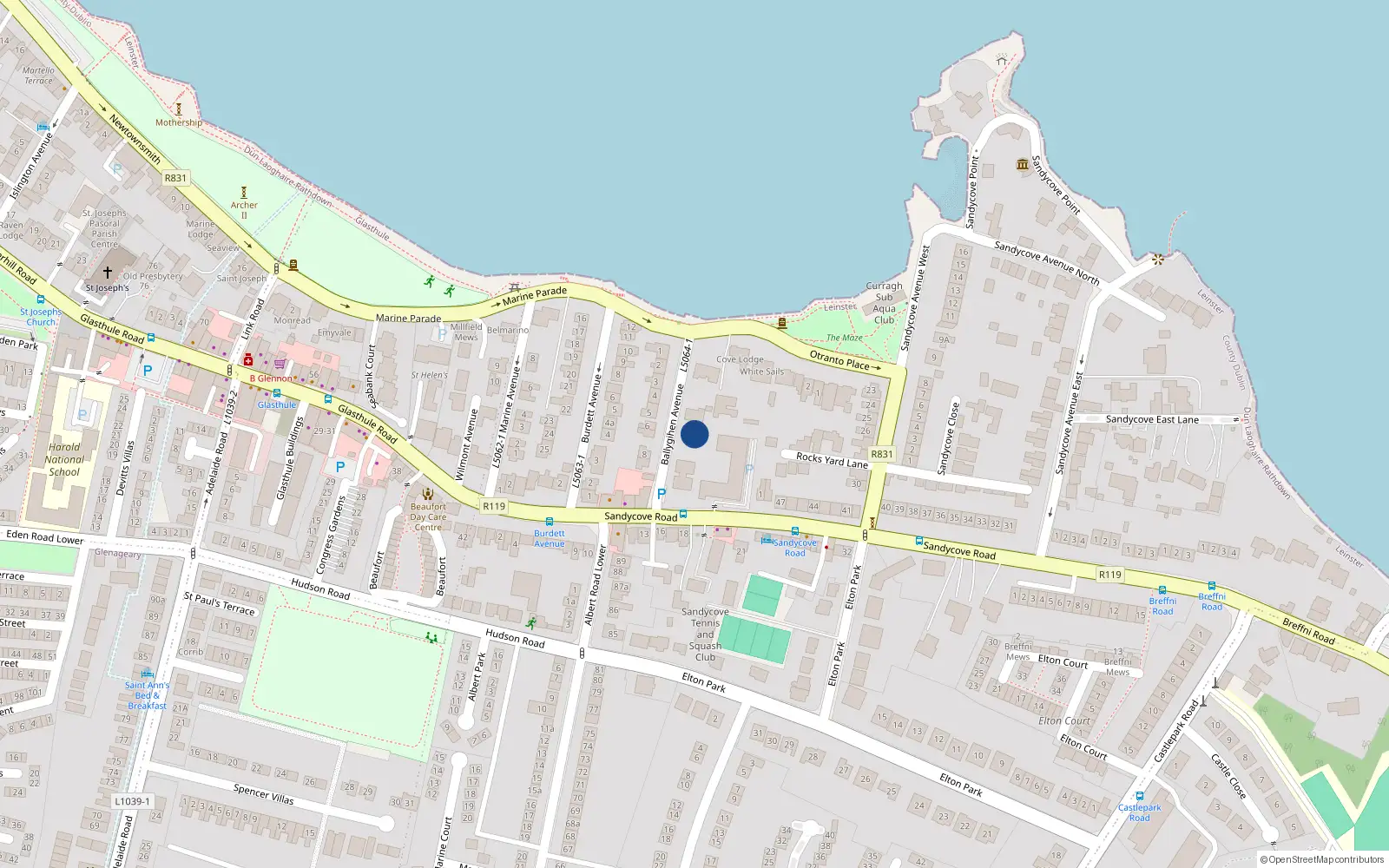 Overhead map showing the location of Unit 3 Finisterre, Ballygihen Avenue, Sandycove