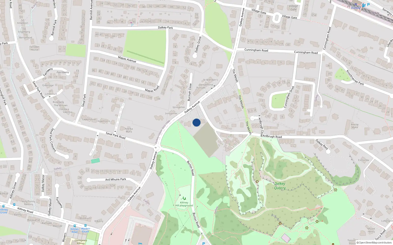 Overhead map showing the location of Dalkey Avenue, Dalkey