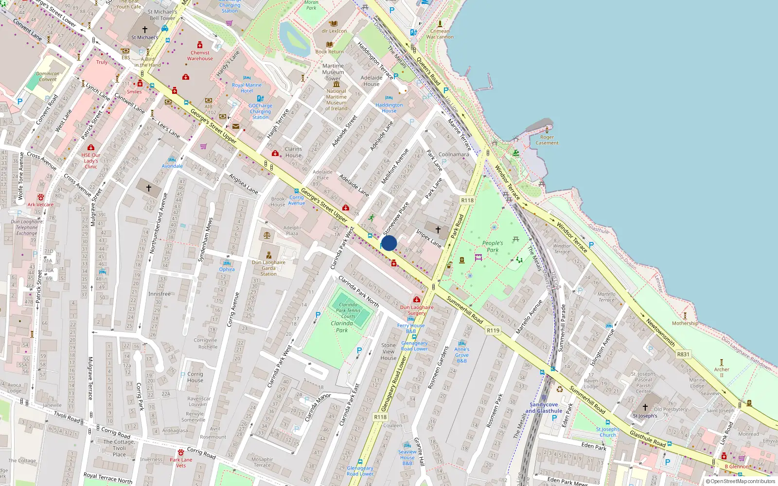 Overhead map showing the location of 72a George's Street Upper, Dun Laoghaire