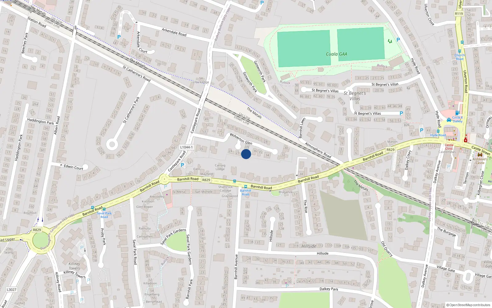 Overhead map showing the location of 22 Wolverton Glen, Dalkey