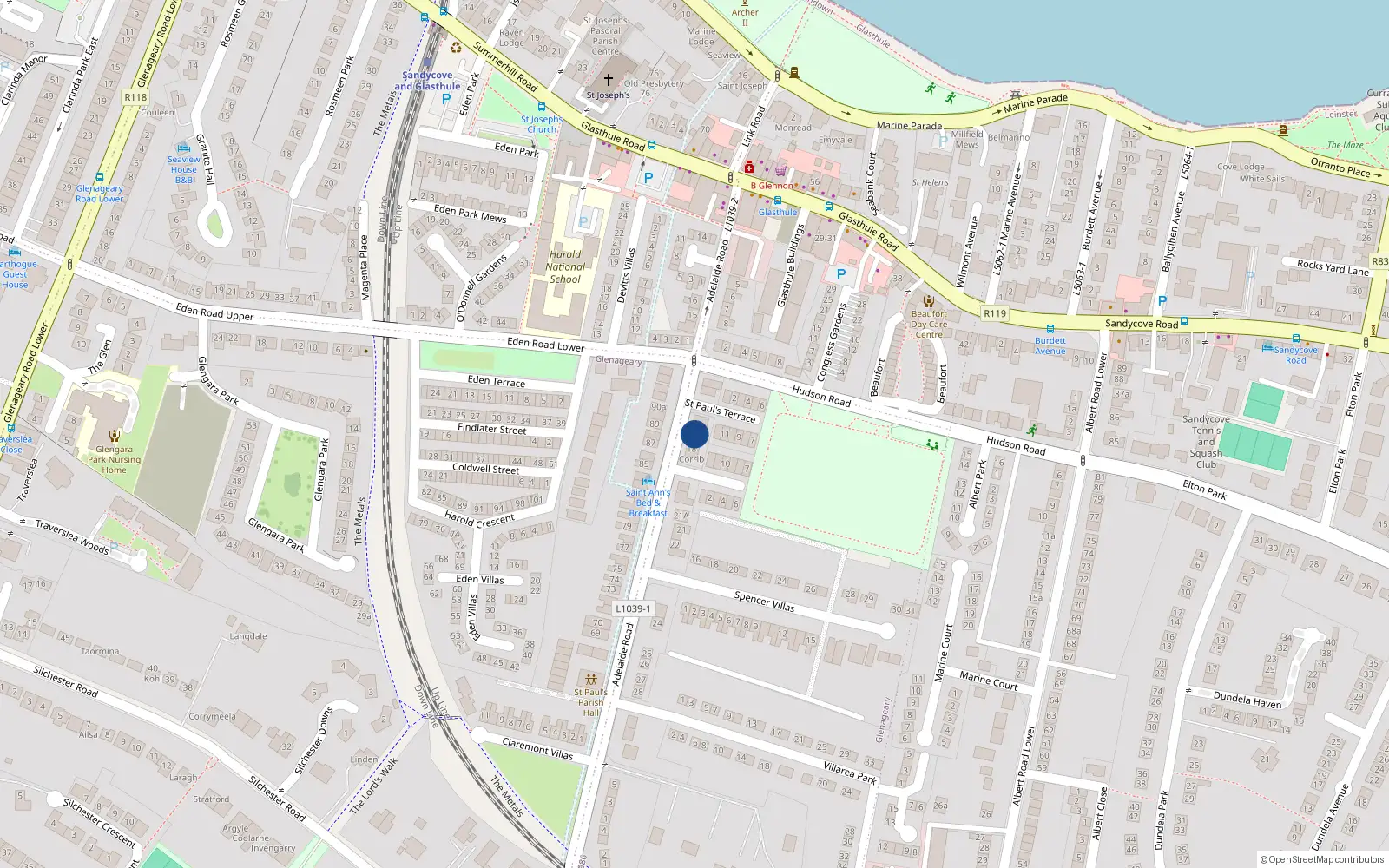 Overhead map showing the location of 16 Adelaide Road, Glenageary