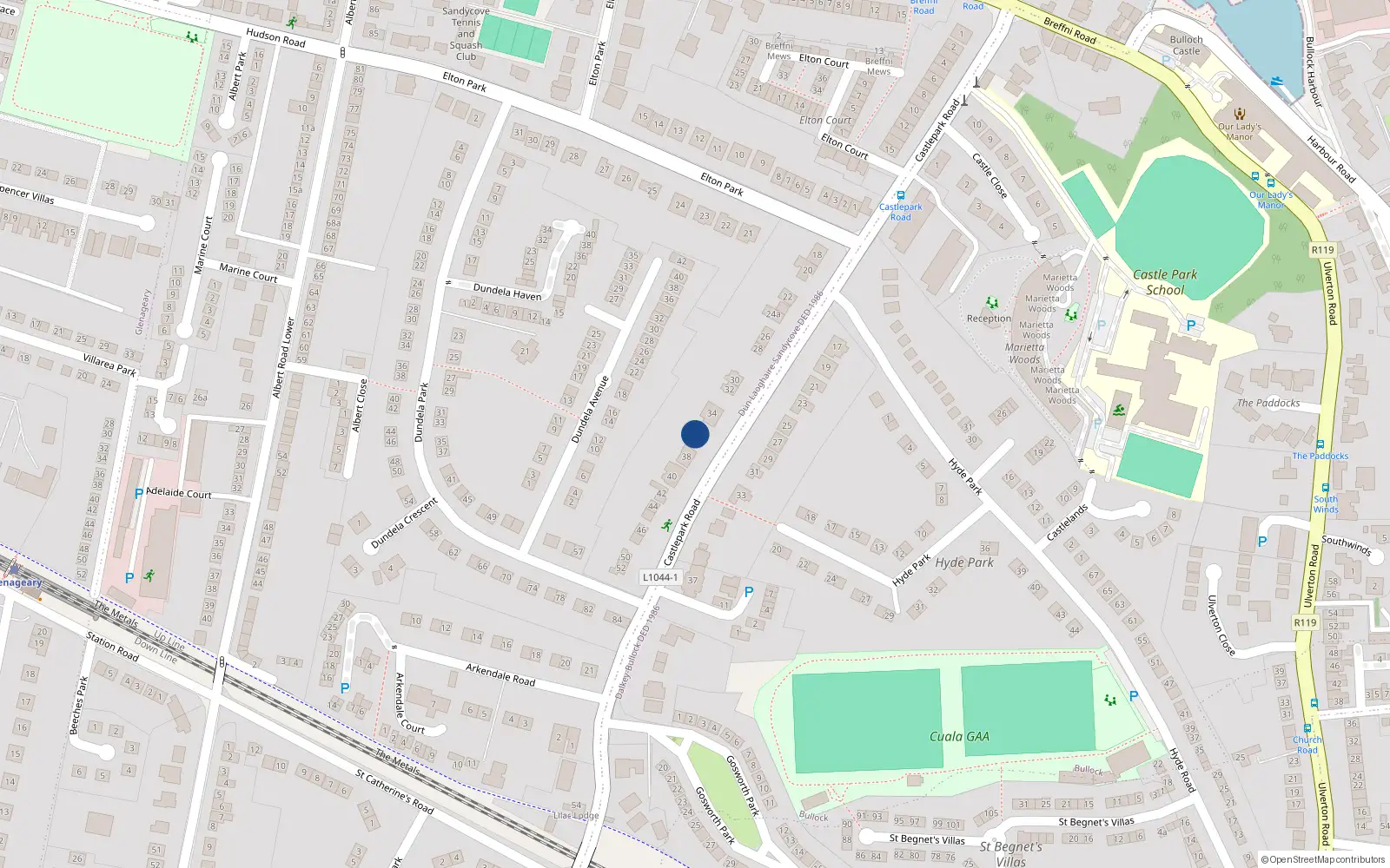 Overhead map showing the location of 36 Castle Park Road, Dalkey