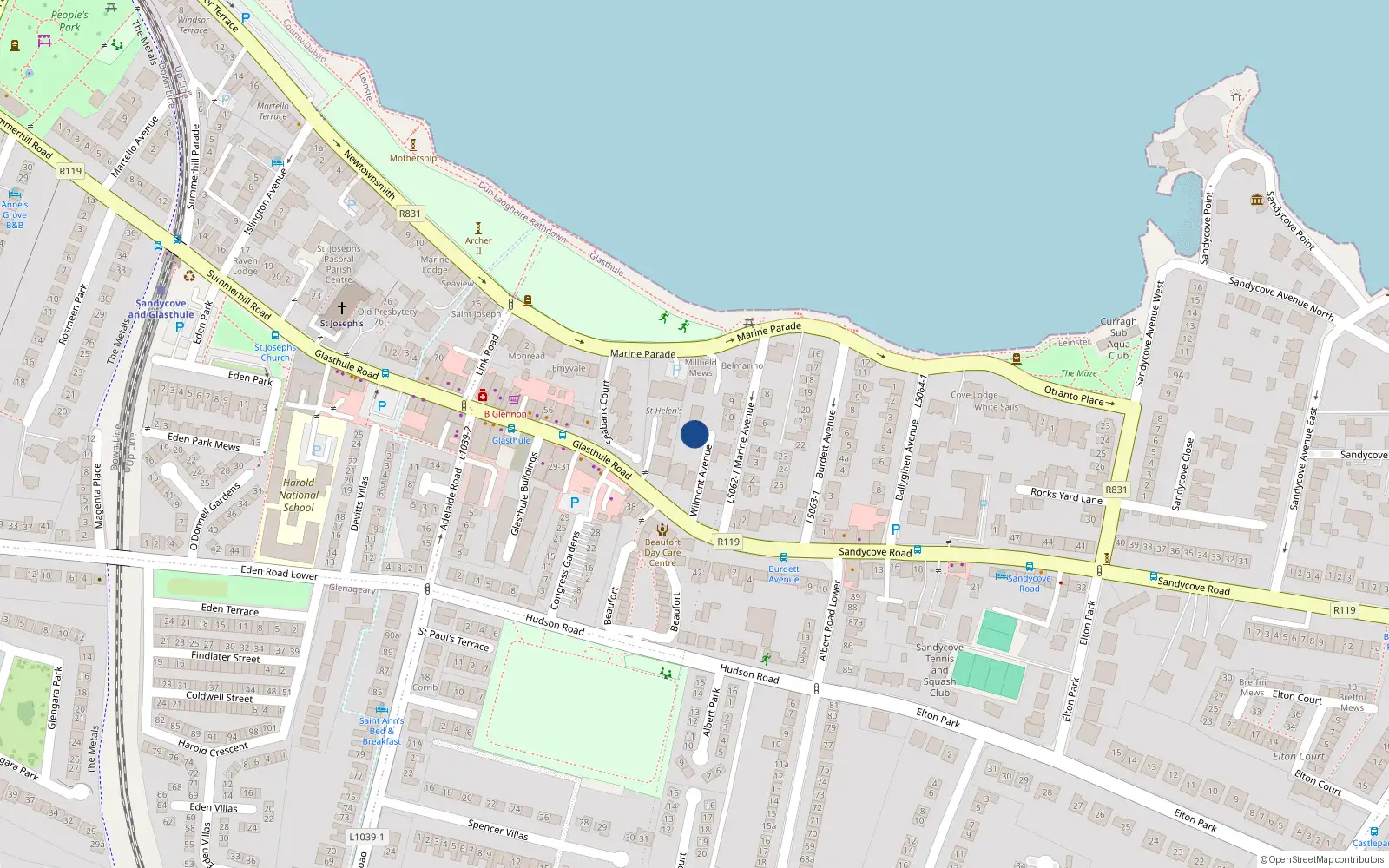 Overhead map showing the location of Wilmont Avenue, Sandycove
