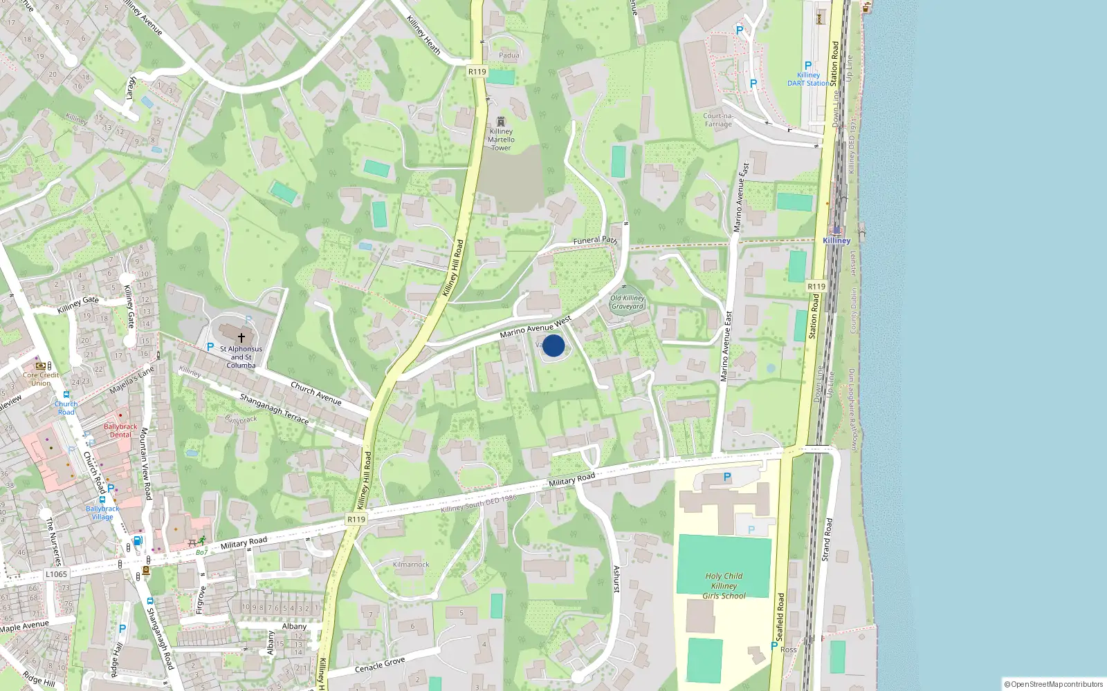 Overhead map showing the location of Marino Avenue West, Killiney
