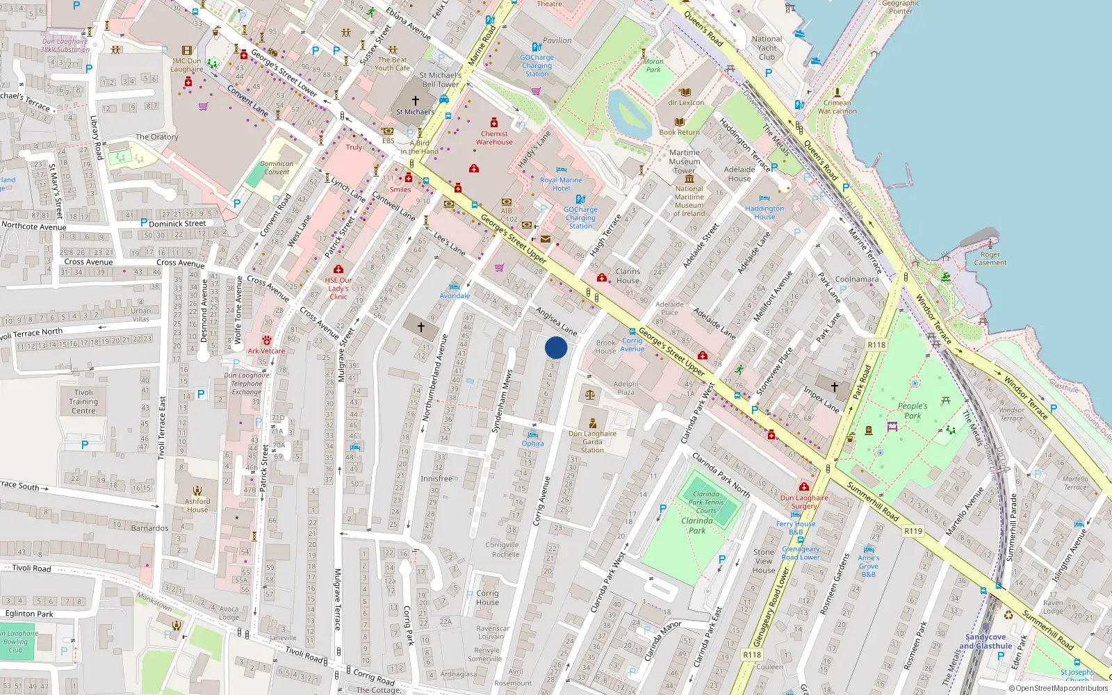 Overhead map showing the location of 1 Corrig Avenue, Dun Laoghaire