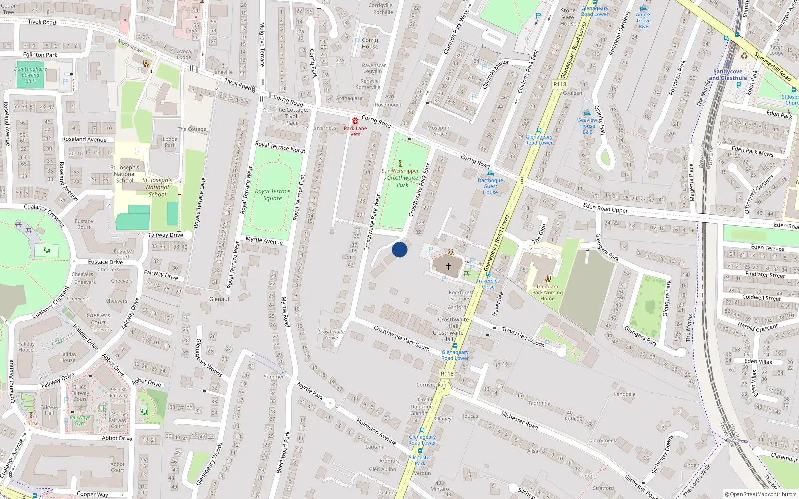 Overhead map showing the location of Crosthwaite Park East, Dun Laoghaire