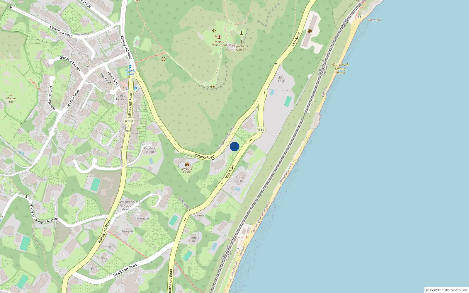 Overhead map showing the location of Victoria Road, Dalkey