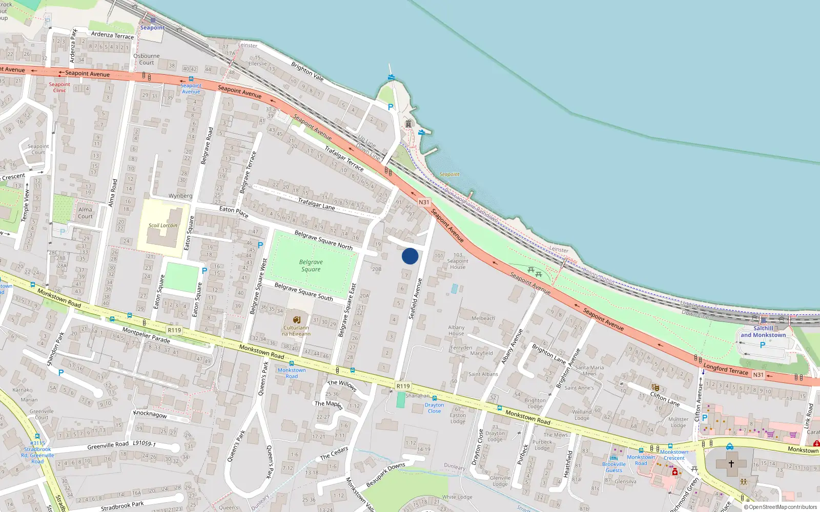 Overhead map showing the location of Victoria Lodge, 9 Seafield Avenue, Monkstown