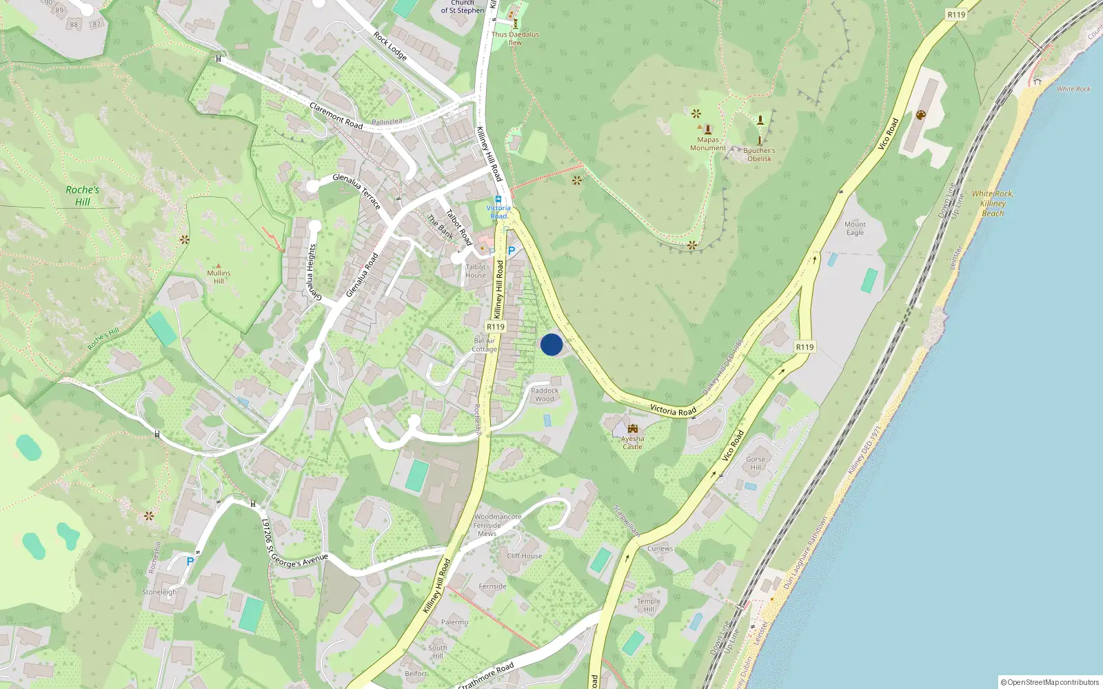 Overhead map showing the location of Victoria Road, Dalkey