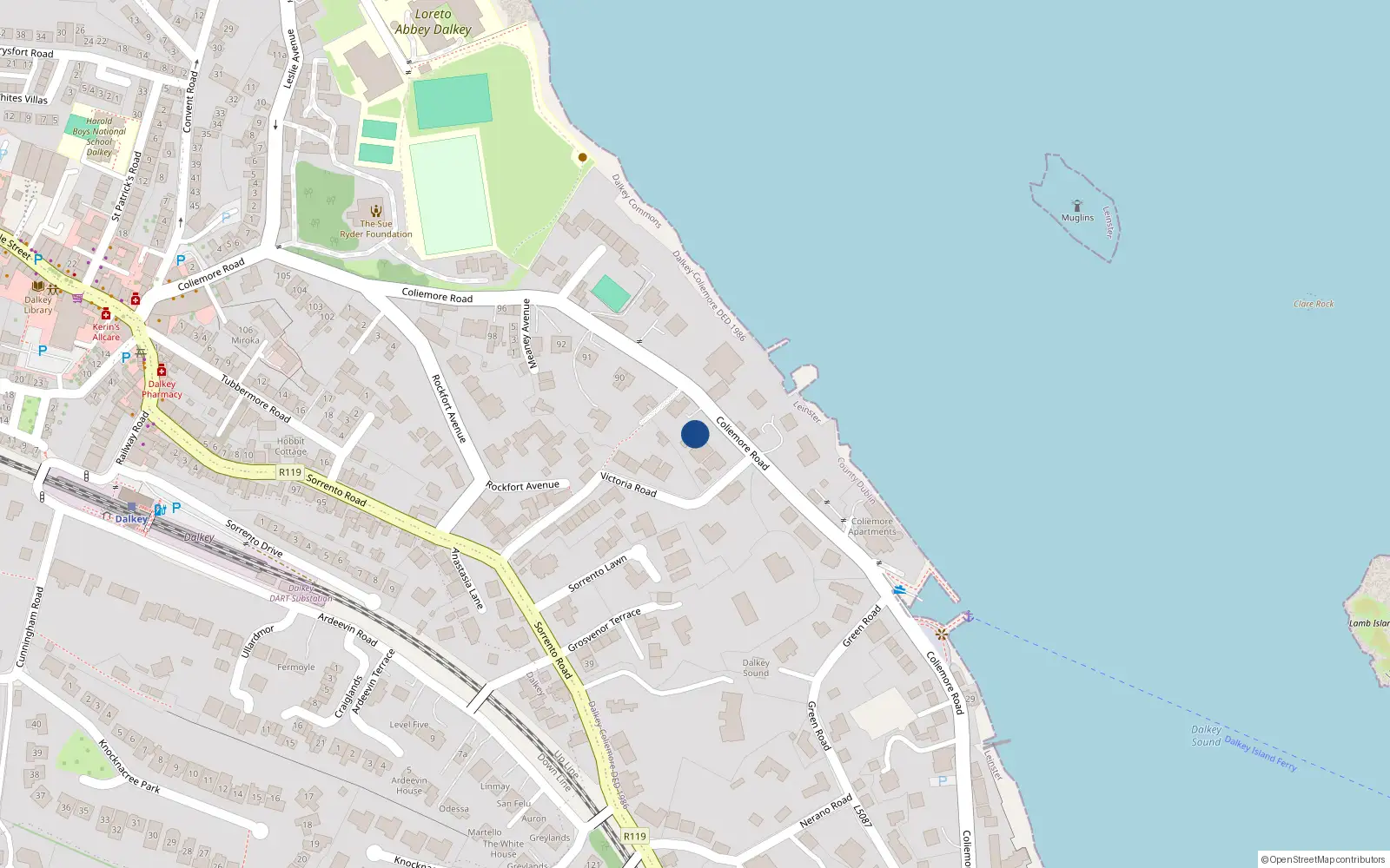 Overhead map showing the location of Victoria Villa, 83 Coliemore Road, Dalkey