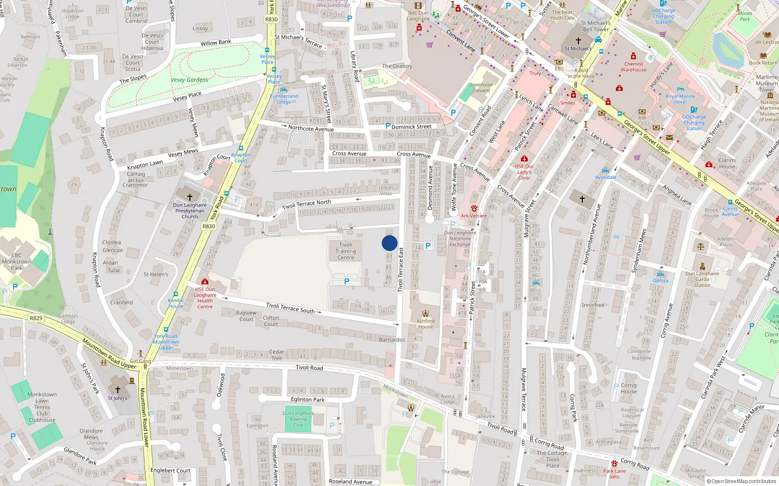 Overhead map showing the location of 41 Tivoli Terrace East, Dun Laoghaire