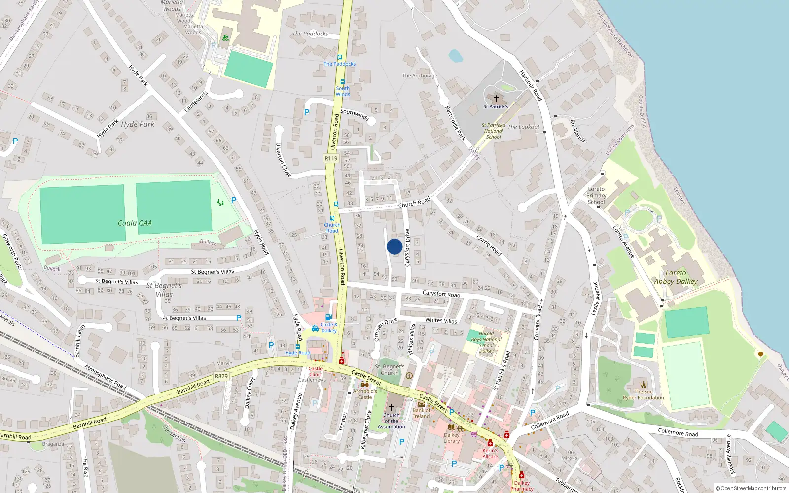 Overhead map showing the location of Villa Maria, 1 Carysford Drive, Dalkey