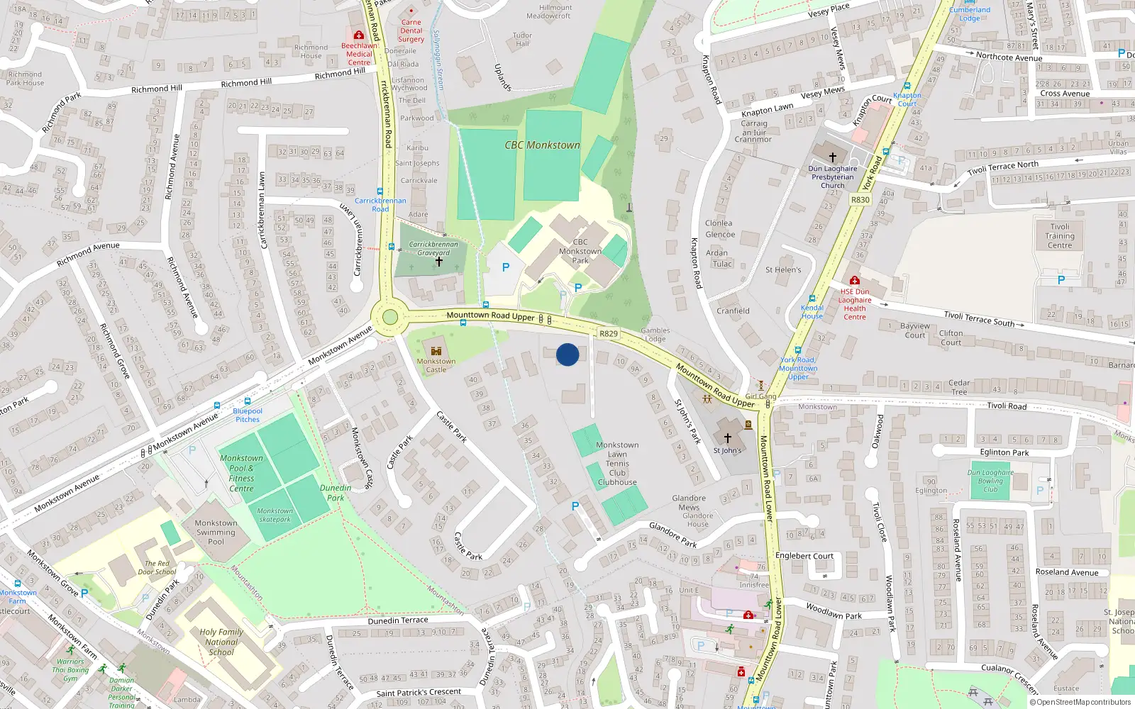 Overhead map showing the location of Mounttown Road Upper, Dun Laoghaire