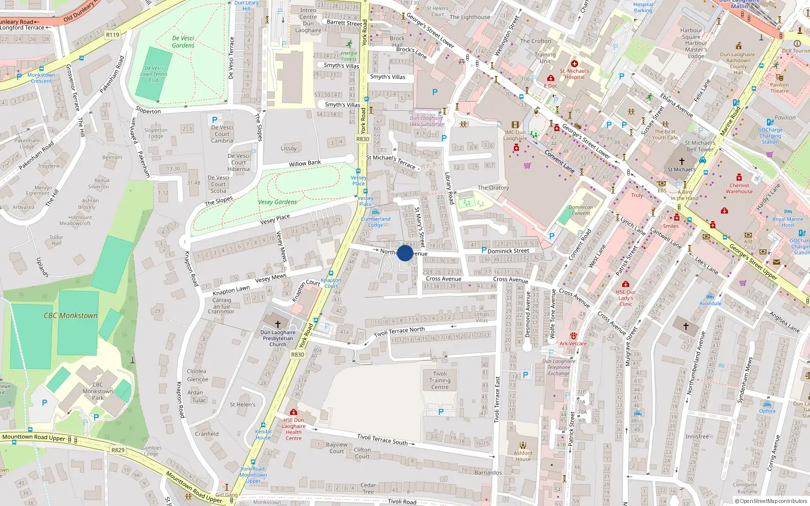 Overhead map showing the location of Northcote Avenue, Dun Laoghaire