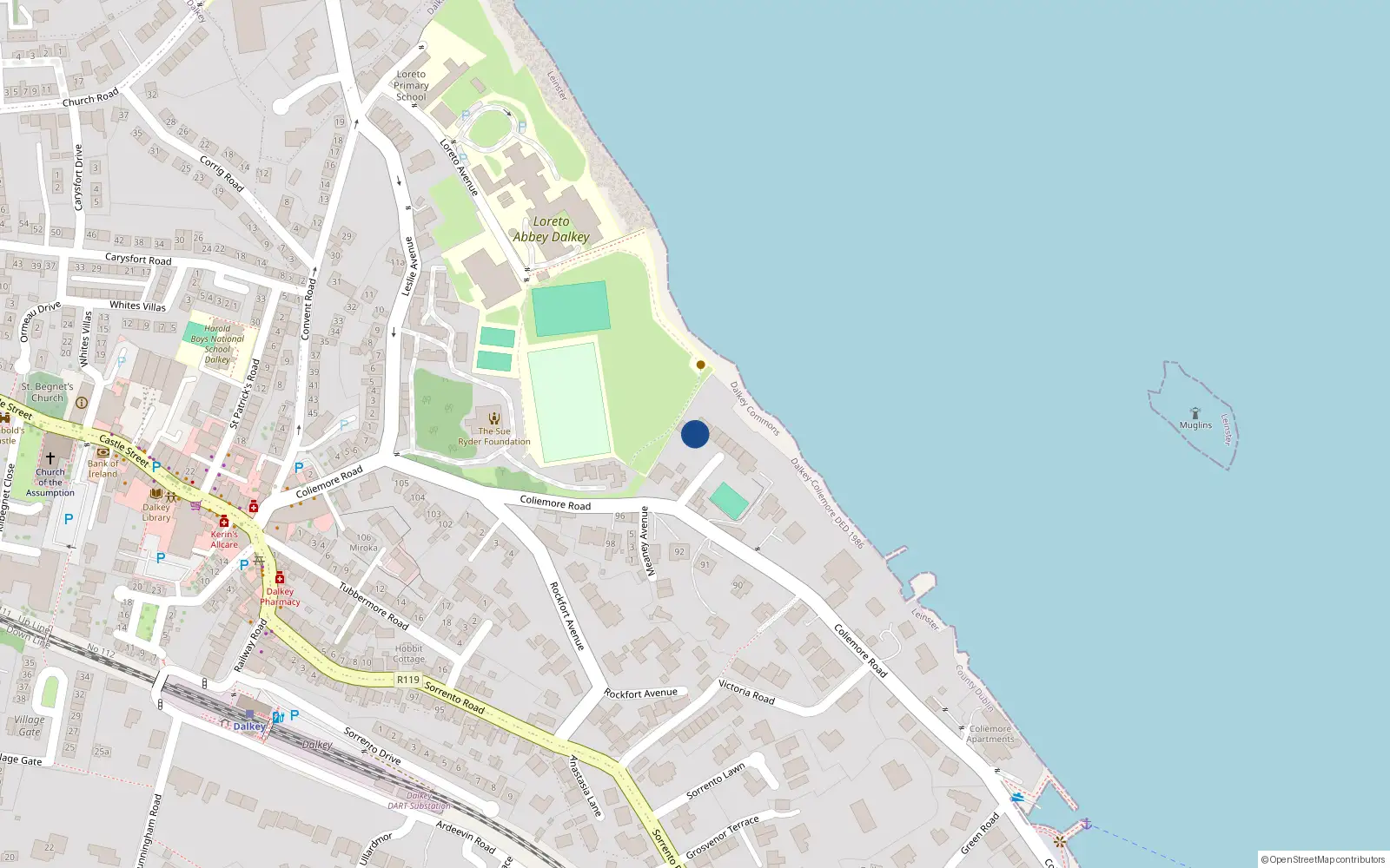 Overhead map showing the location of Villagio, 11C Coliemore Road, Dalkey