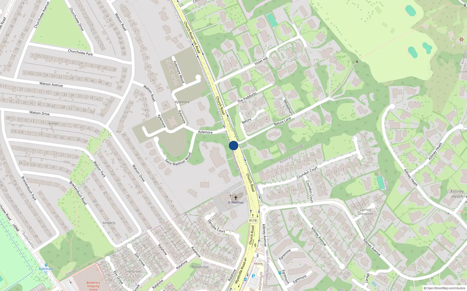 Overhead map showing the location of Church Road, Killiney