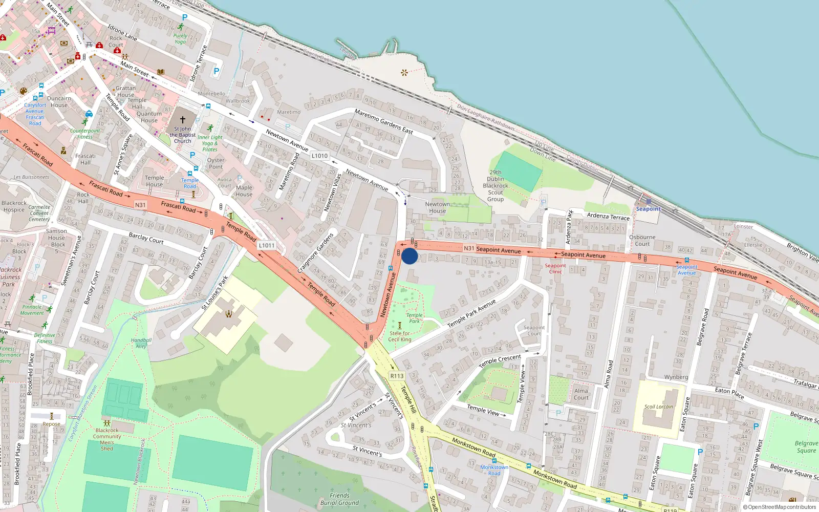 Overhead map showing the location of 1A Seapoint Avenue, Blackrock