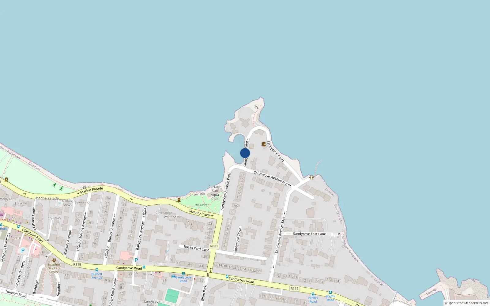 Overhead map showing the location of Sandycove Point, Sandycove