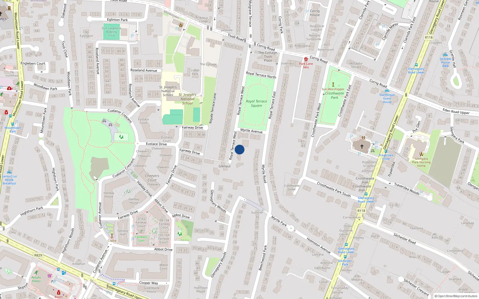 Overhead map showing the location of 36 Royal Terrace West, Dun Laoghaire